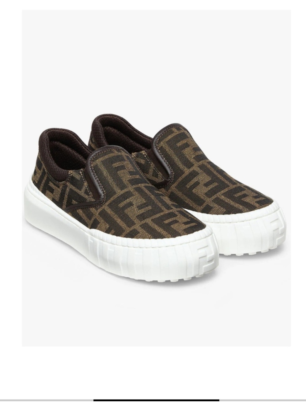 Fendi Slip-On FF Jacquard Sneakers in Brown and White.